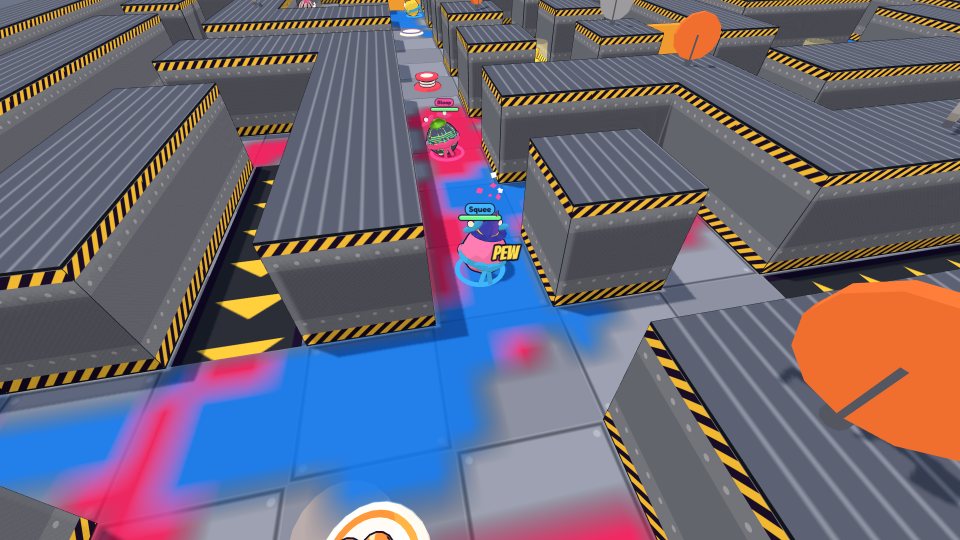 Numpkins painting the floor of a factory maze